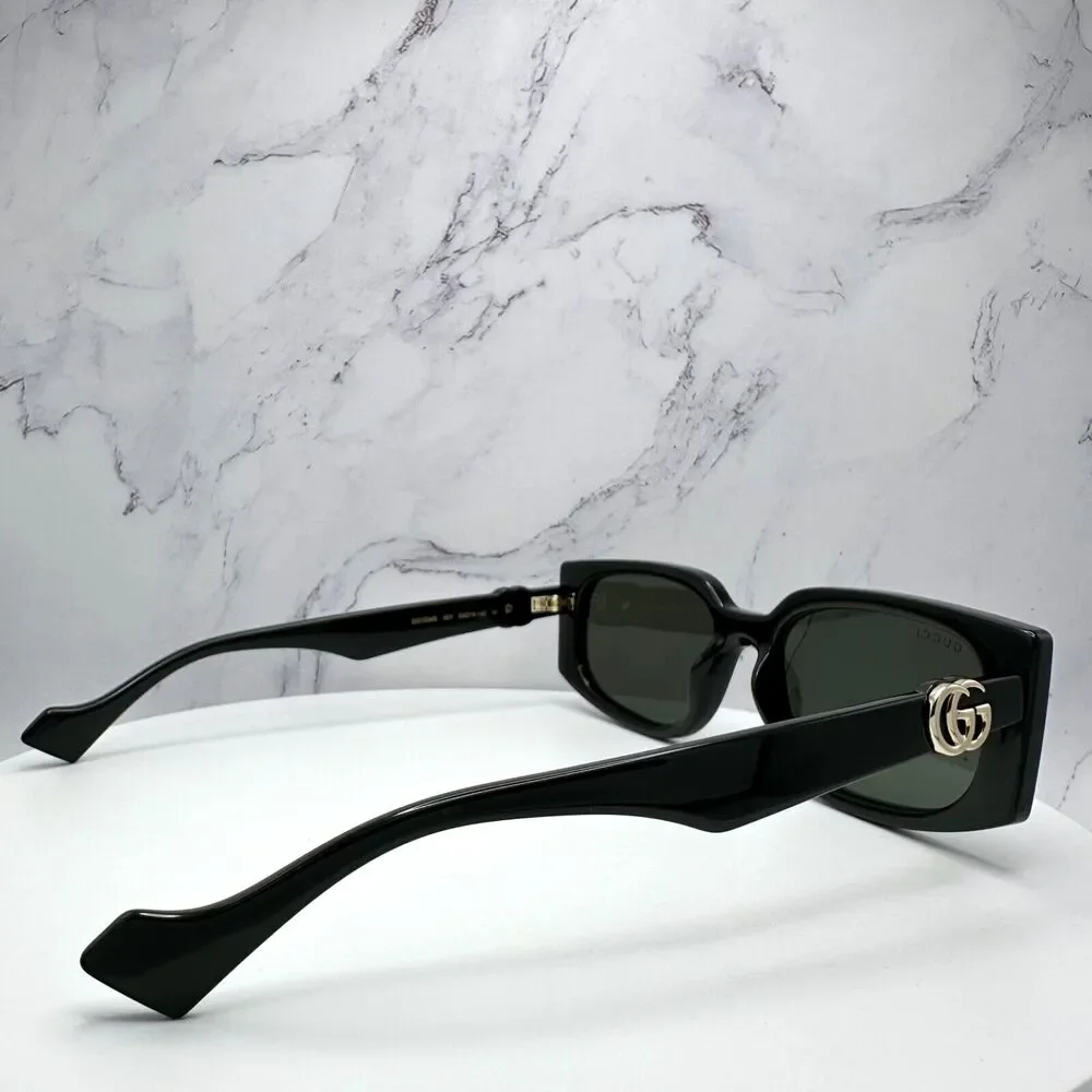 New Gucci Sunglasses Black Square Rectangular Gold Interlocking GG Metal Logo
